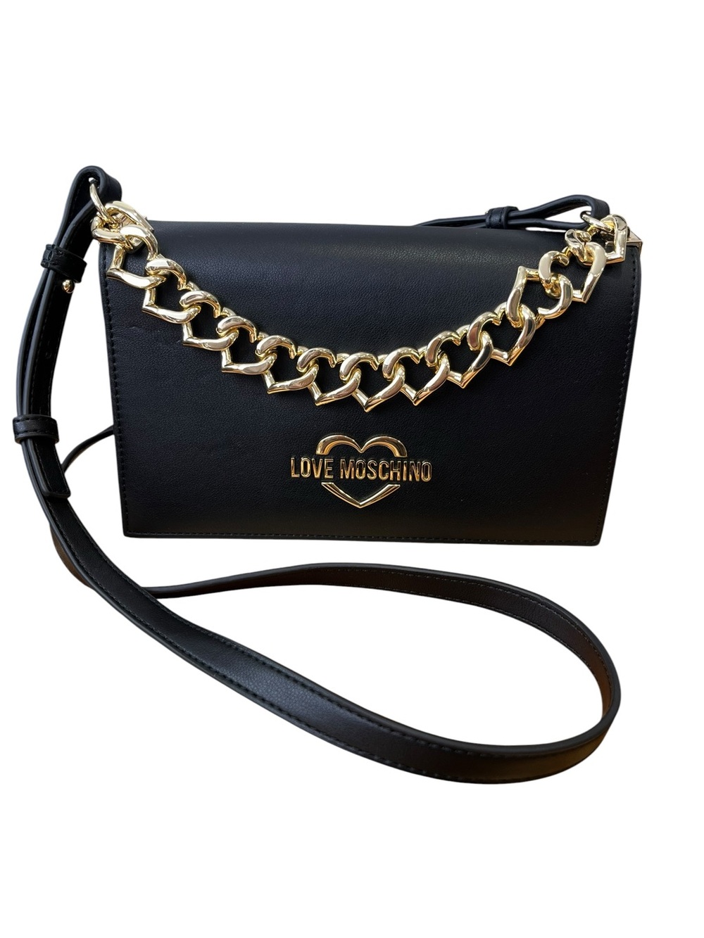 Love Moschino Black Heart Chain Crossbody Bag Gold Hardware